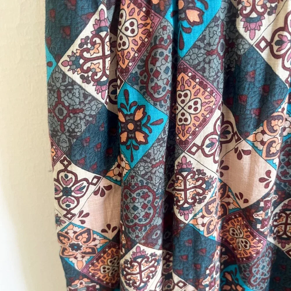 Anthropologie Smocked Ruffle Peregrine Midi Dress Turquoise Patch XL - Picture 11 of 14
